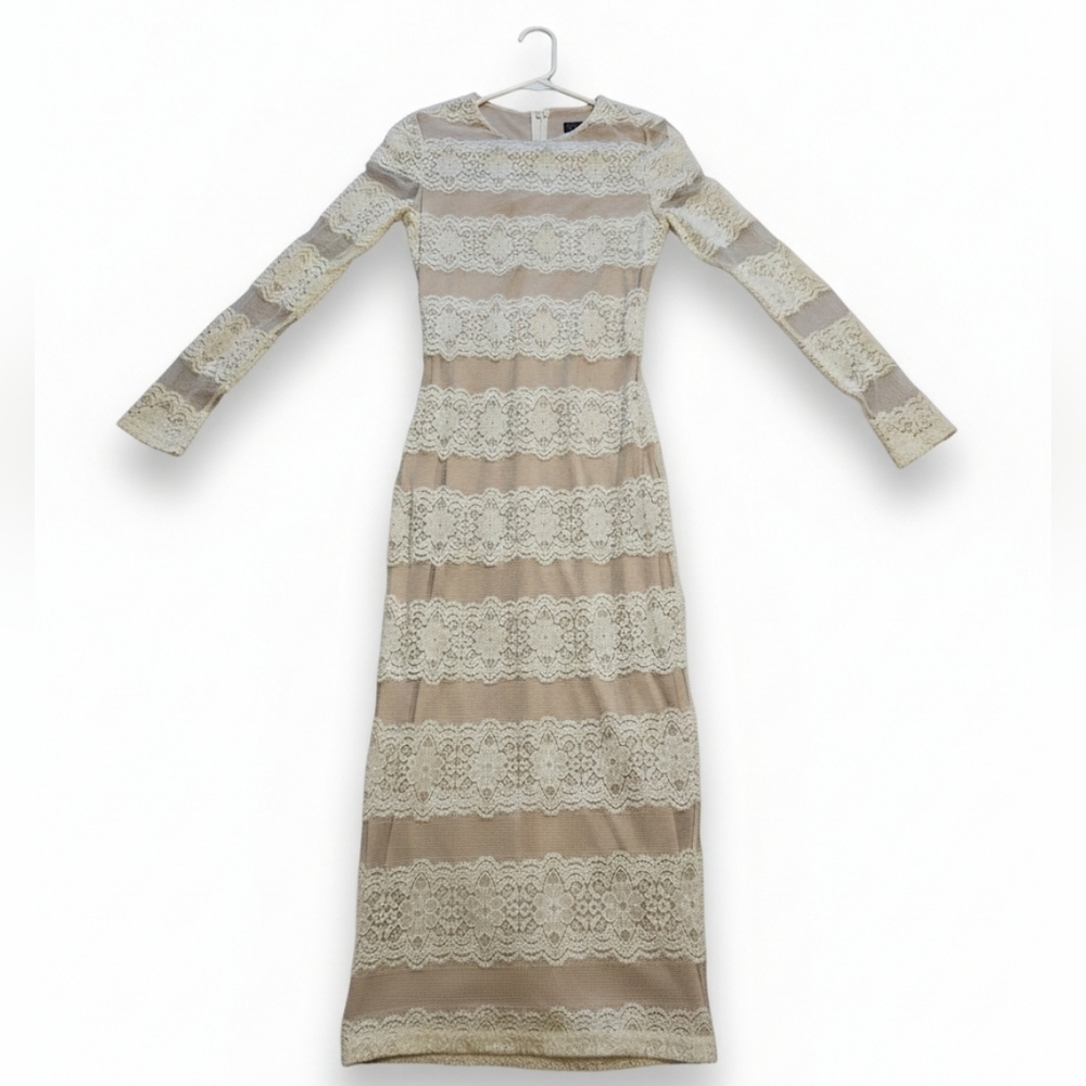 Elegant Ivory & Nude Lace Long Sleeve Dress